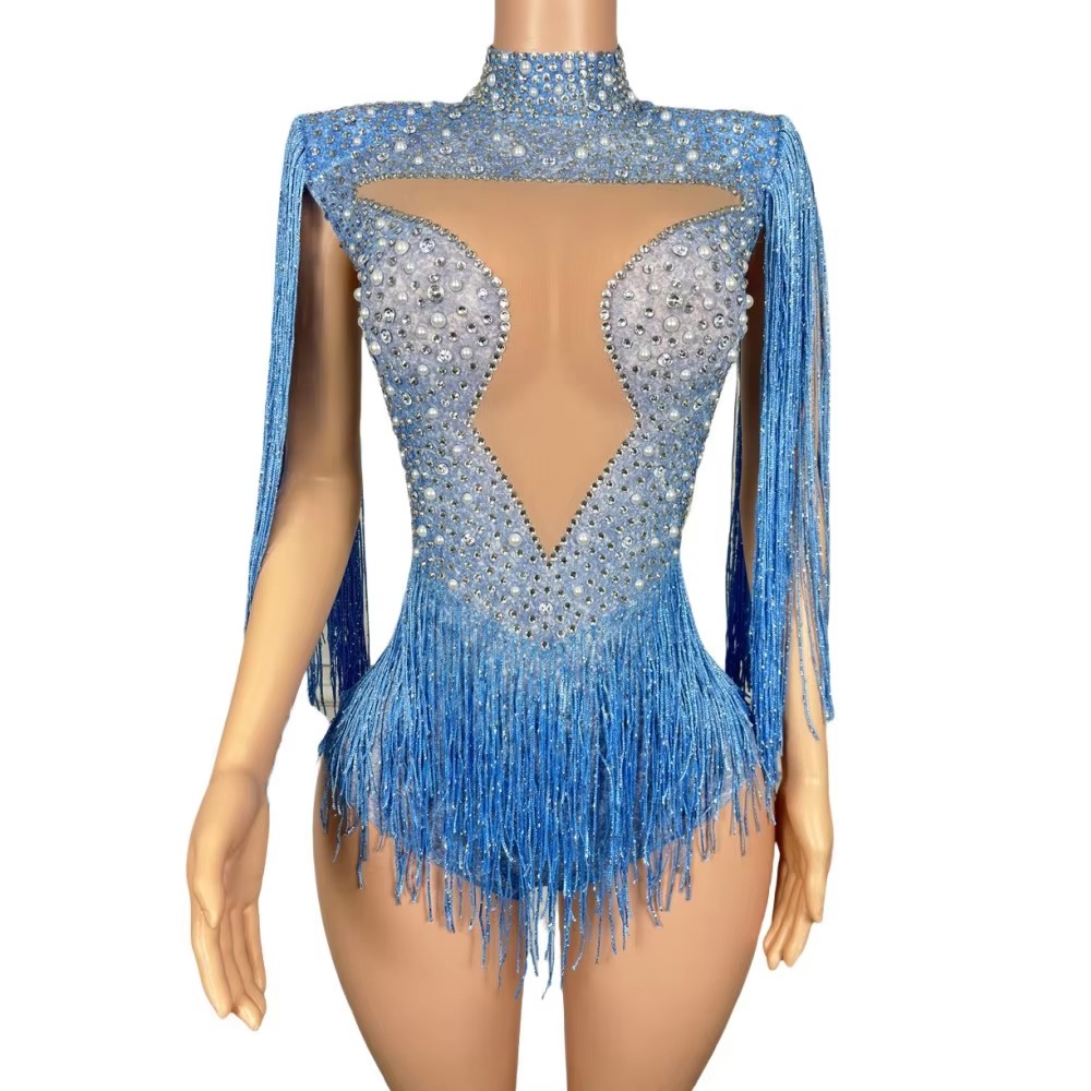 Blauer Strass-Quasten-Bodysuit – Rhinestone Banding Trim Bewertung und Preis